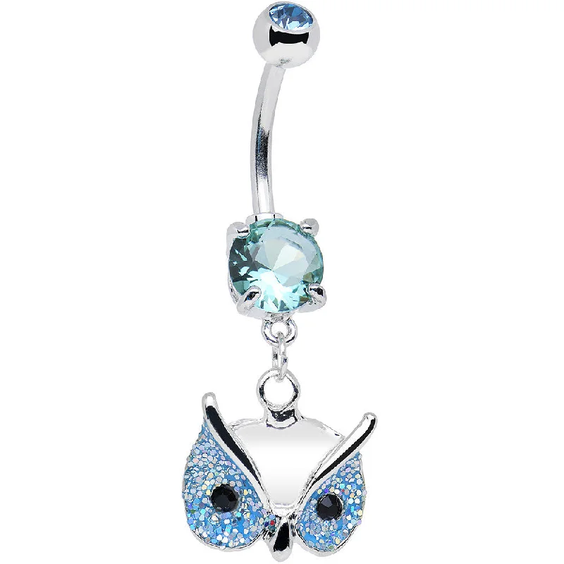 Unique Belly Rings with Artistic Shapes -Aqua Gem Glitter Mask Owl Head Dangle Belly Ring