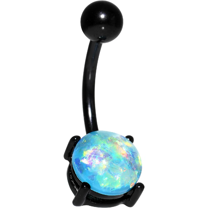Trendy Belly Rings for Chic Look -Blue Faux Opal Black Anodized Belly Ring