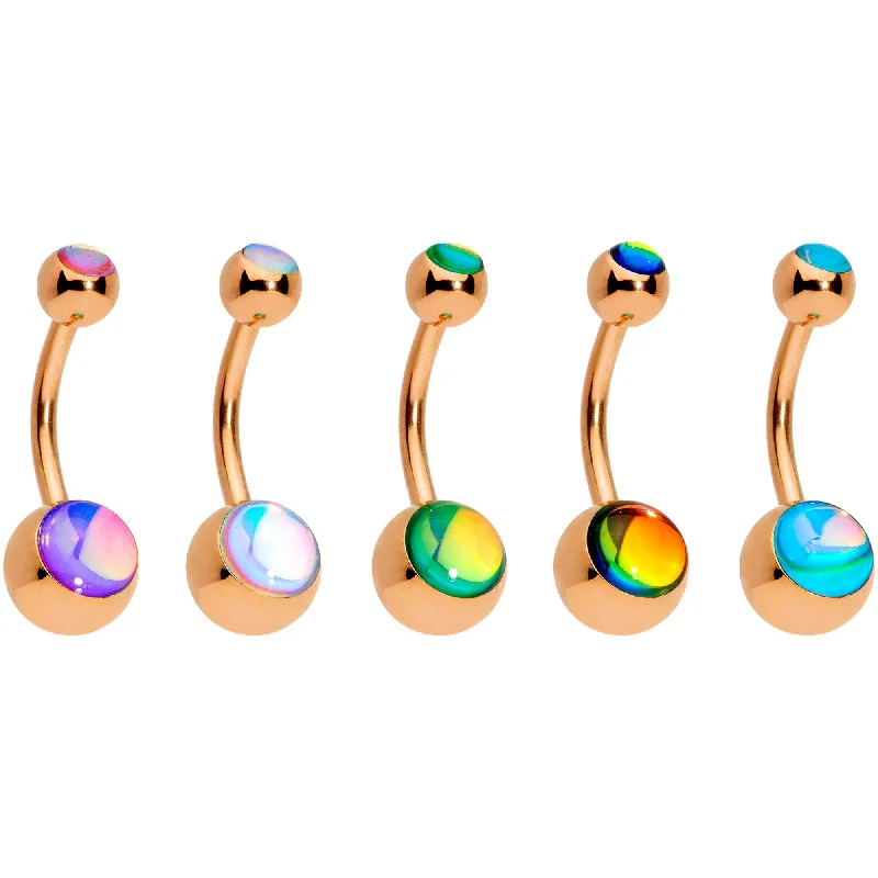 Trendy Belly Rings for Bold and Creative Fashion -Iridescent Gem Rose Gold Tone Captivating Colors Belly Ring Set of 5