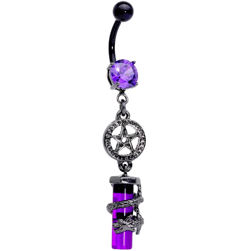 Stunning Belly Rings with Shiny Stones -Purple CZ Gem Black Witch Way Dragon Pentagram Dangle Belly Ring Stunning Belly Rings with Shiny Stones -Purple CZ Gem Black Witch Way Dragon Pentagram Dangle Belly Ring