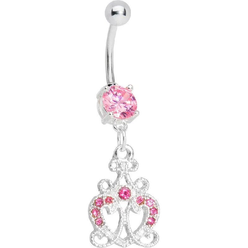 Designer Belly Rings for Bold Looks -Pink Gem Princess Heart Dangle Belly Ring