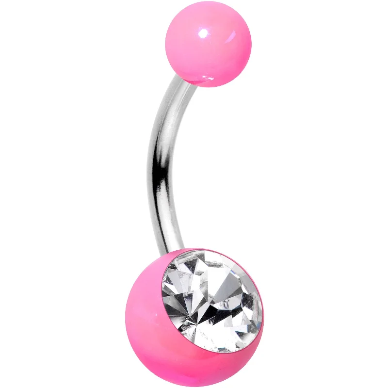 Designer Belly Rings for Unique Fashion -Clear Gem Hot Pink Pearlescent Acrylic Belly Ring