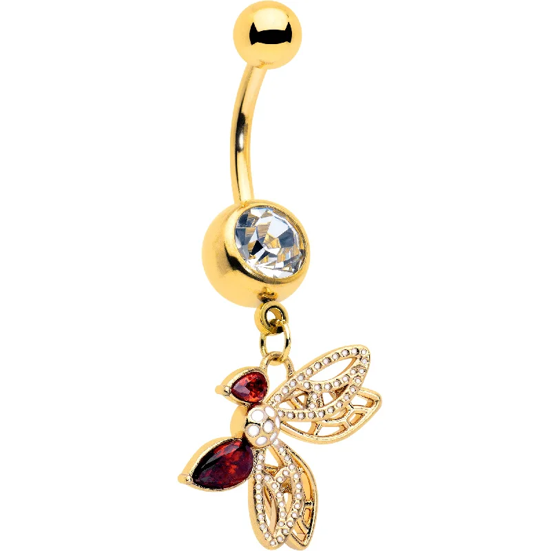 Beautiful Belly Rings for Special Occasions -Red CZ Gem Gold Tone Drama Butterfly Dangle Belly Ring