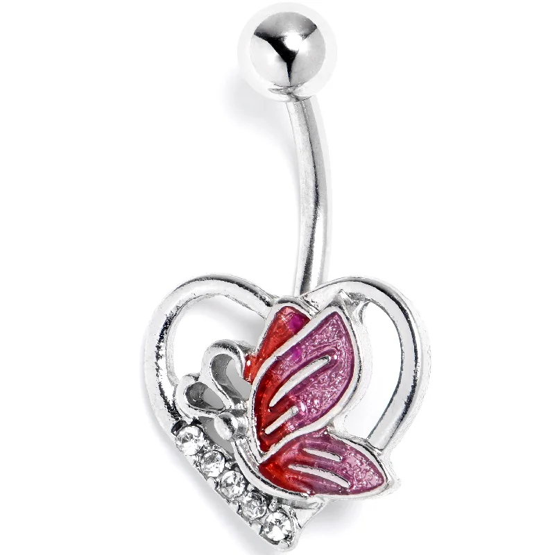 Belly Rings with Gemstone Designs for Chic Style -Clear Gem Butterfly Love Heart Pink Belly Ring