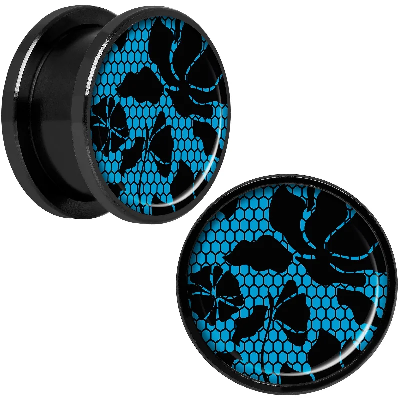 Women's Earrings – Elegant Designs for Every Personality--Blue Floral Lace Black Anodized Screw Fit Plug Set 5/8