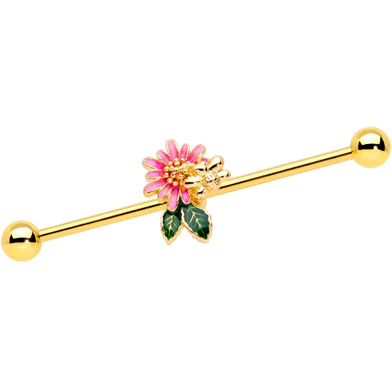 Women's Earrings – Elegant Designs for Every Personality--14 Gauge Gold Tone Pink Flower Bee Industrial Barbell 38mm