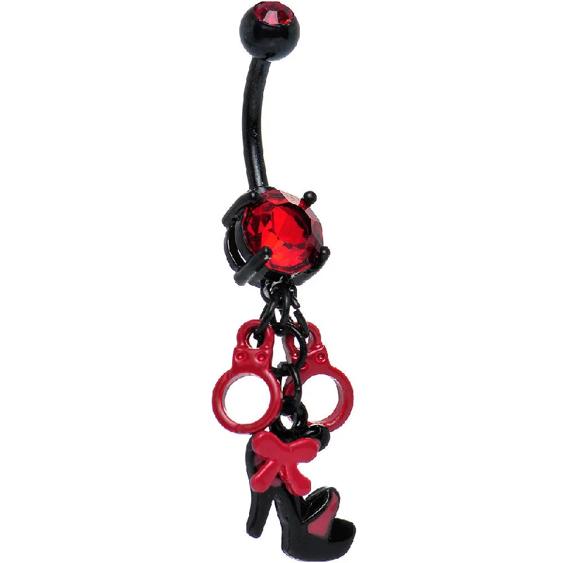 Comfortable Belly Rings for Casual Looks -Red Gem Black PVD Steaming Romance Dangle Belly Ring