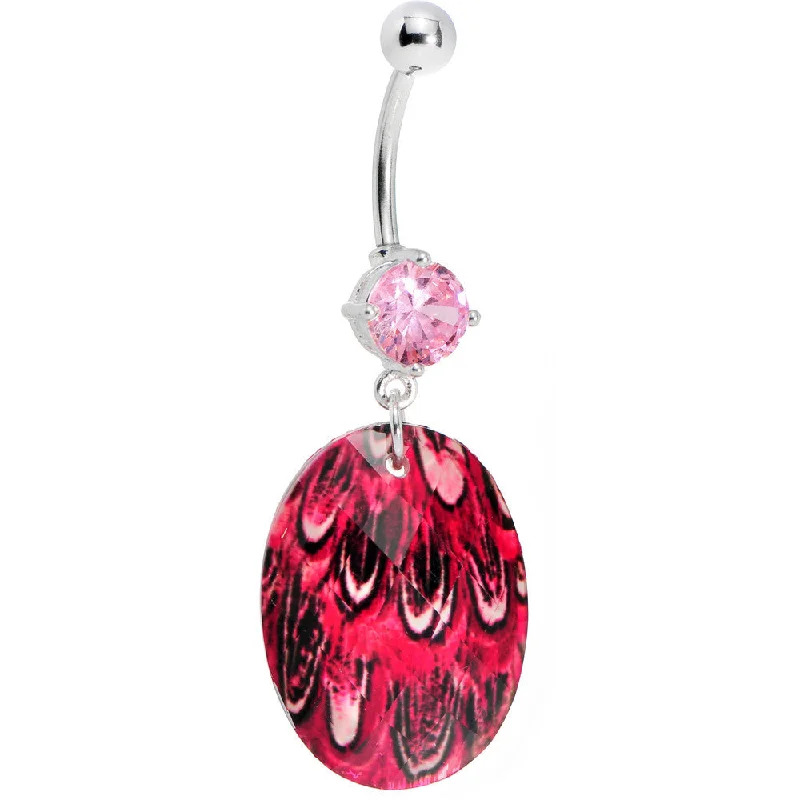 Comfortable Belly Rings with Sleek Finish -Prong Set Pink Gem Paradise Feather Oval Dangle Belly Ring