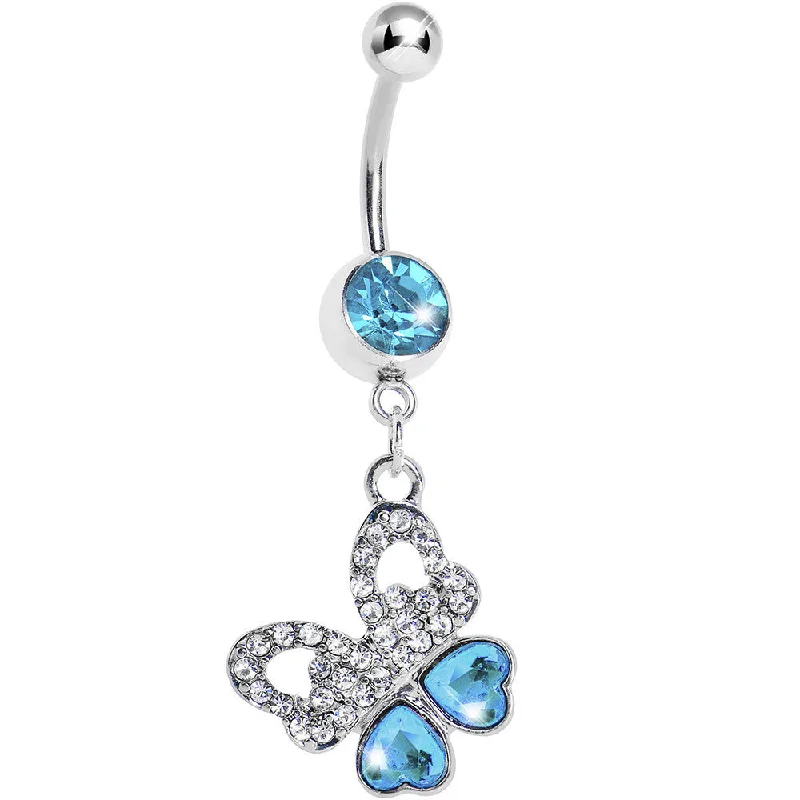 Belly Rings for Piercings -Aqua Gem Paved Heart Wing Butterfly Belly Ring
