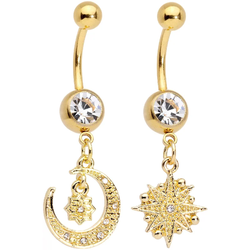 Beautiful Belly Rings for Timeless Looks -Clear Gem Gold Tone Celestial Star Moon Dangle Belly Ring Set Beautiful Belly Rings for Timeless Looks -Clear Gem Gold Tone Celestial Star Moon Dangle Belly Ring Set