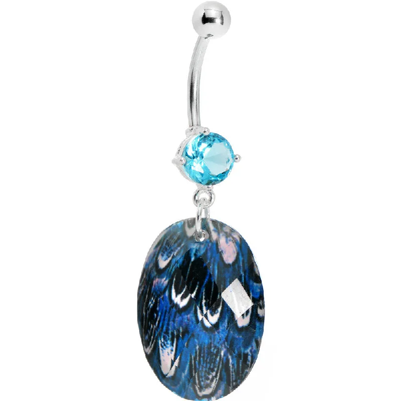 Belly Rings with Glittering Stones for Extra Shine -Prong Set Blue Gem Paradise Feather Oval Dangle Belly Ring
