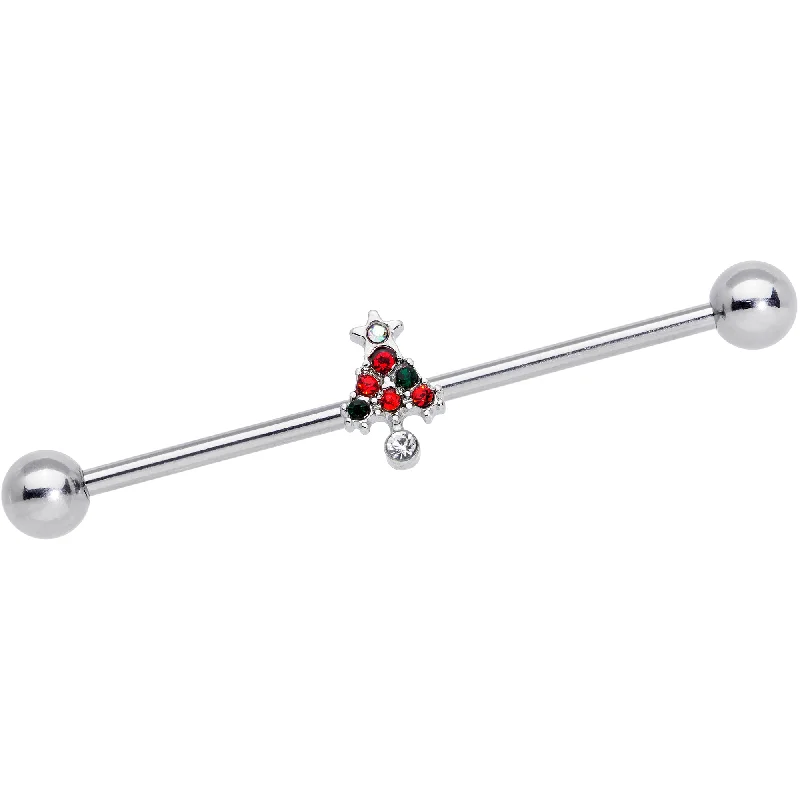 Women's Earrings – Elegant Designs for Every Personality--14 Gauge Clear Red Green Gem Christmas Tree Industrial Barbell 38mm