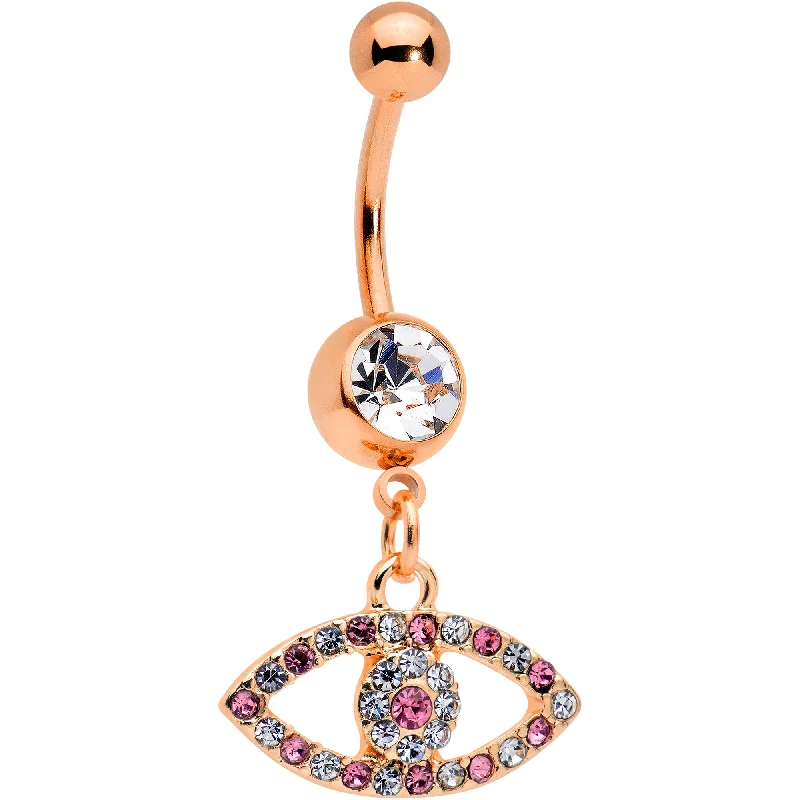 Comfortable Belly Rings for Sensitive Piercings -Pink Clear Gem Rose Gold Tone Wide Eye Dangle Belly Ring