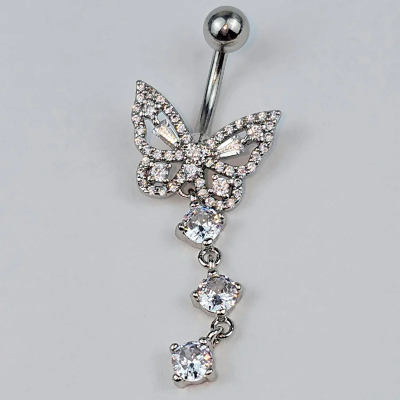 Beautiful Belly Rings with Timeless Beauty -Clear Gem Dramatic Butterfly Dangle Belly Ring