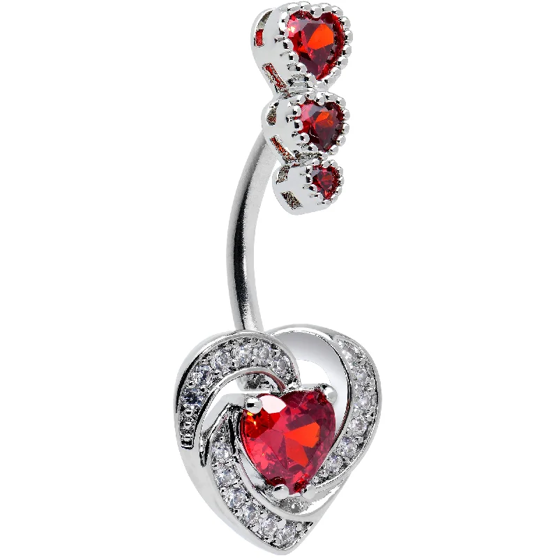 Designer Belly Rings for Exclusive Fashion -Red CZ Gem Triple Drop Swirl Heart Valentine Double Mount Belly Ring