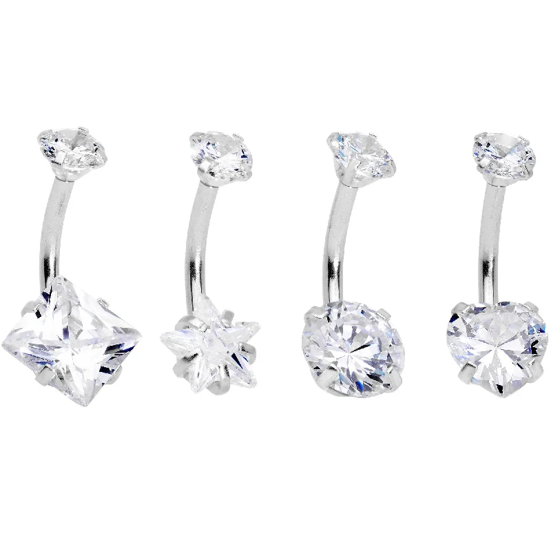 Comfortable Belly Rings for Trendy Women -Clear Gem Round Rhombus Heart Star Belly Ring Set of 4