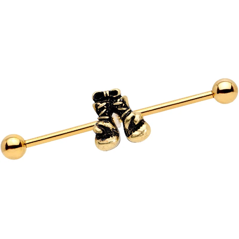 Women's Earrings – Elegant Designs for Every Personality--14 Gauge Gold Tone Boxing Gloves Industrial Barbell 38mm