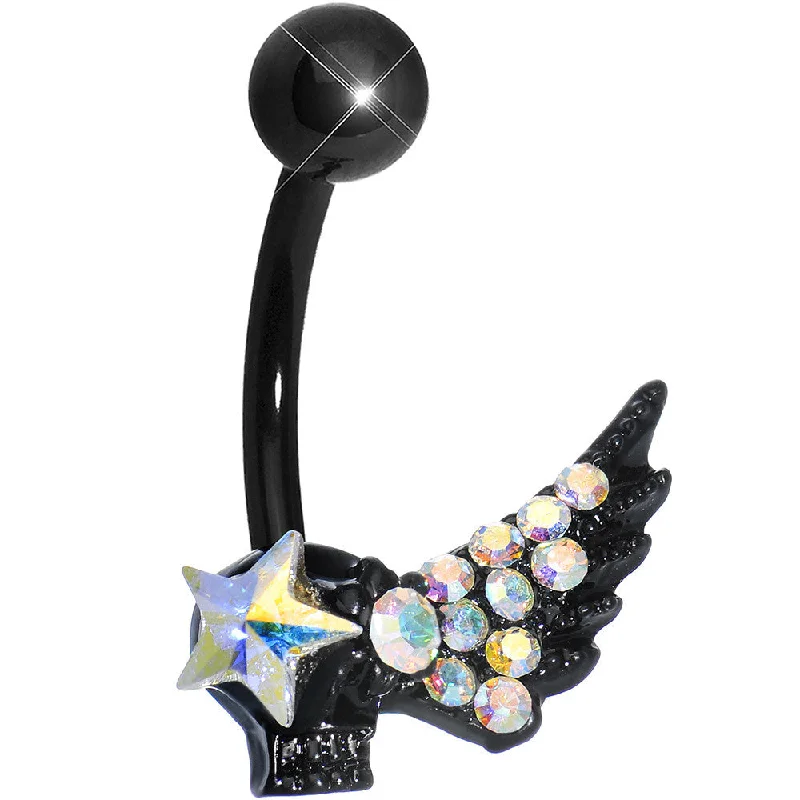 Belly Rings for Bold Fashion Choices -Aurora Gem Rock Star Shimmering Wing Black Skull Belly Ring