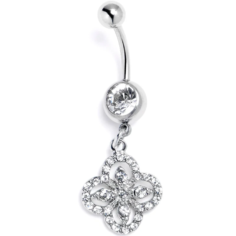 Trendy Belly Rings with Shiny Touch -Clear Gem Curved Cross Dangle Belly Ring