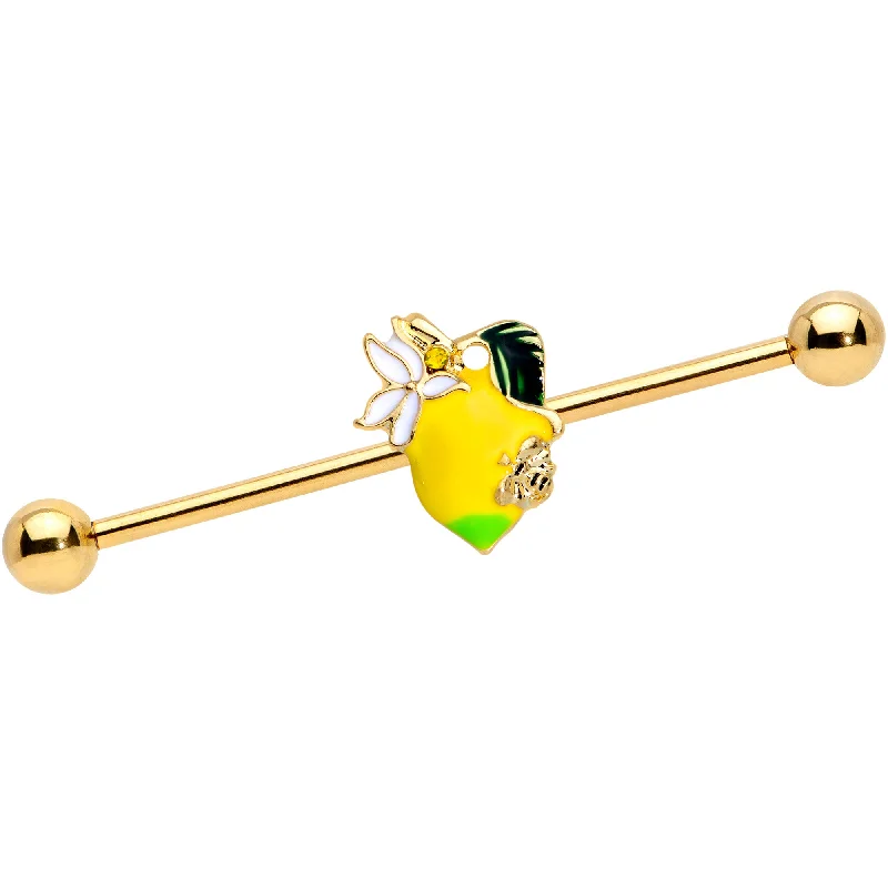 Women's Earrings – Elegant Designs for Every Personality--14 Gauge Gold Tone Bee Flower Lemon Industrial Barbell 38mm