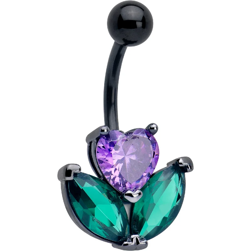 Stunning Belly Rings for Special Occasions -Purple Green CZ Gem Black Love Flower Belly Ring
