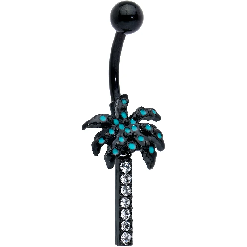 Stunning Belly Rings for Trendy Women -Clear Gem Black Night Palm Tree Dangle Belly Ring