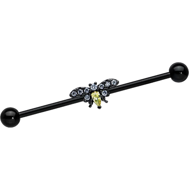 Women's Earrings – Elegant Designs for Every Personality--14 Gauge Yellow Clear Gem Black Butterfly Industrial Barbell 38mm
