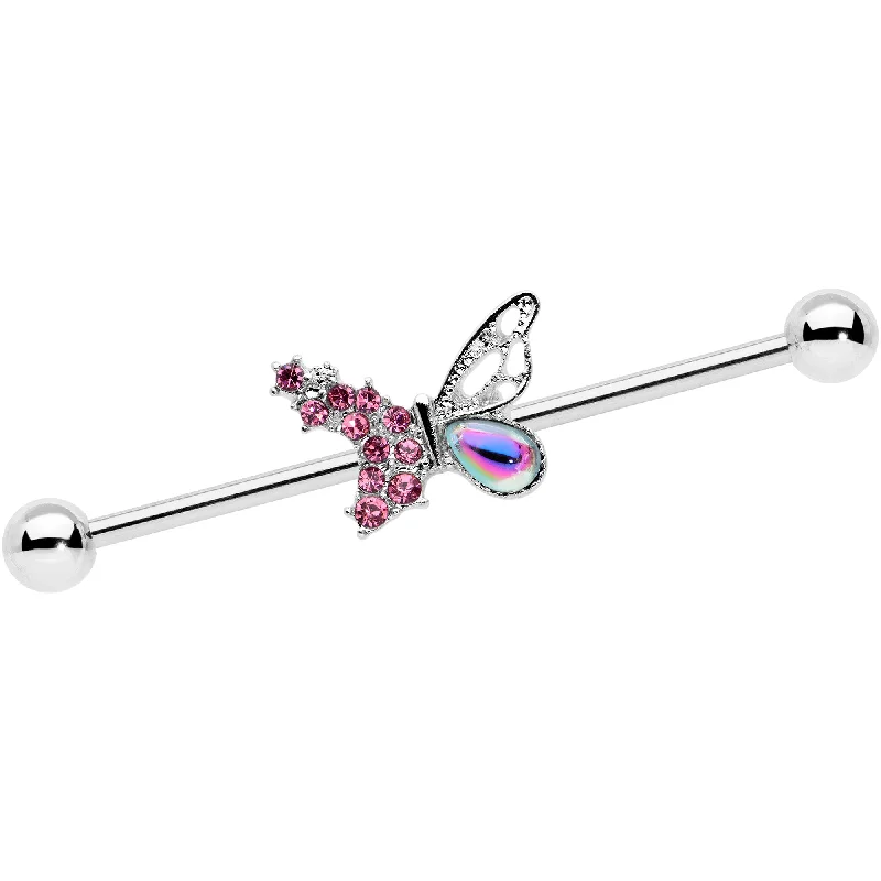 Women's Earrings – Elegant Designs for Every Personality--14 Gauge Pink Aurora Gem Super Glam Butterfly Industrial Barbell 38mm