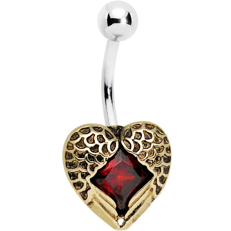 Comfortable Belly Rings for Modern Fashion -Red CZ Gem Winged Feather Valentine Heart Belly Ring Comfortable Belly Rings for Modern Fashion -Red CZ Gem Winged Feather Valentine Heart Belly Ring