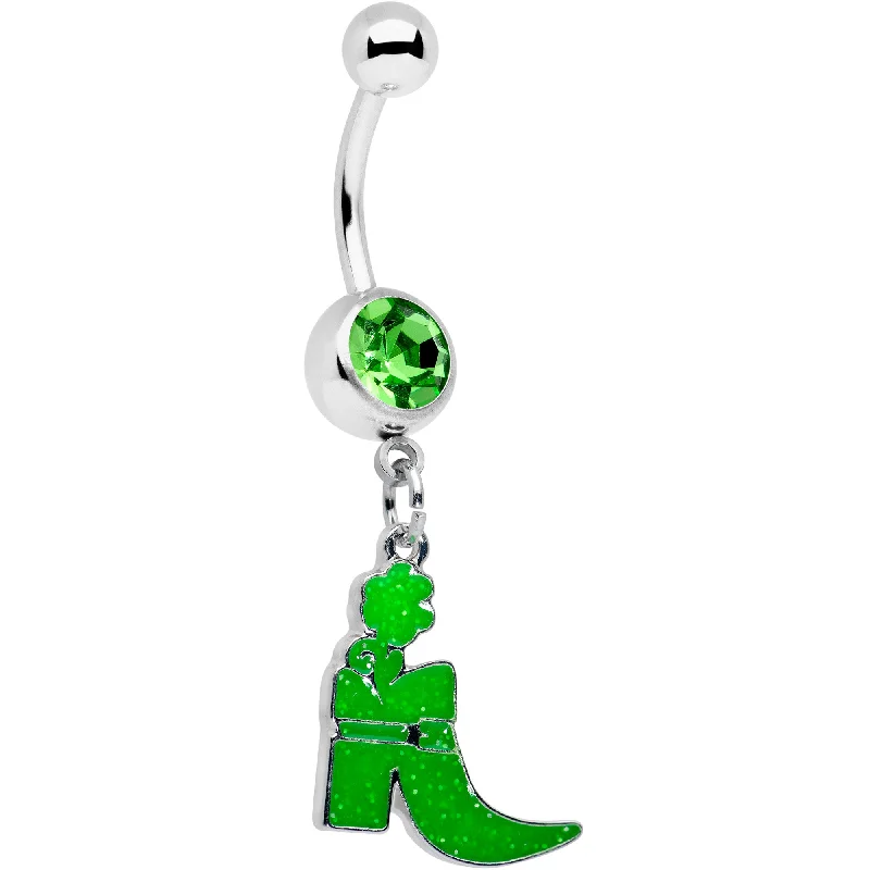 Comfortable Belly Rings with Polished Finish -Green Gem Glow in Dark Leprechaun Boot St Patricks Dangle Belly Ring