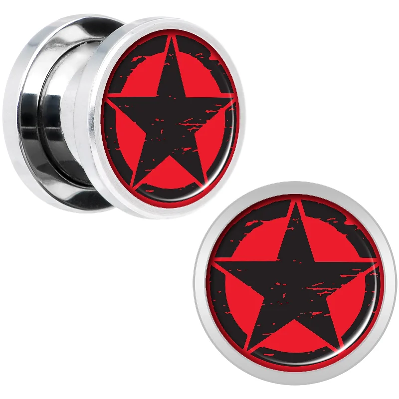 Women's Earrings – Elegant Designs for Every Personality--Black Red Distressed Star Steel Screw Fit Plug Set 00 Gauge