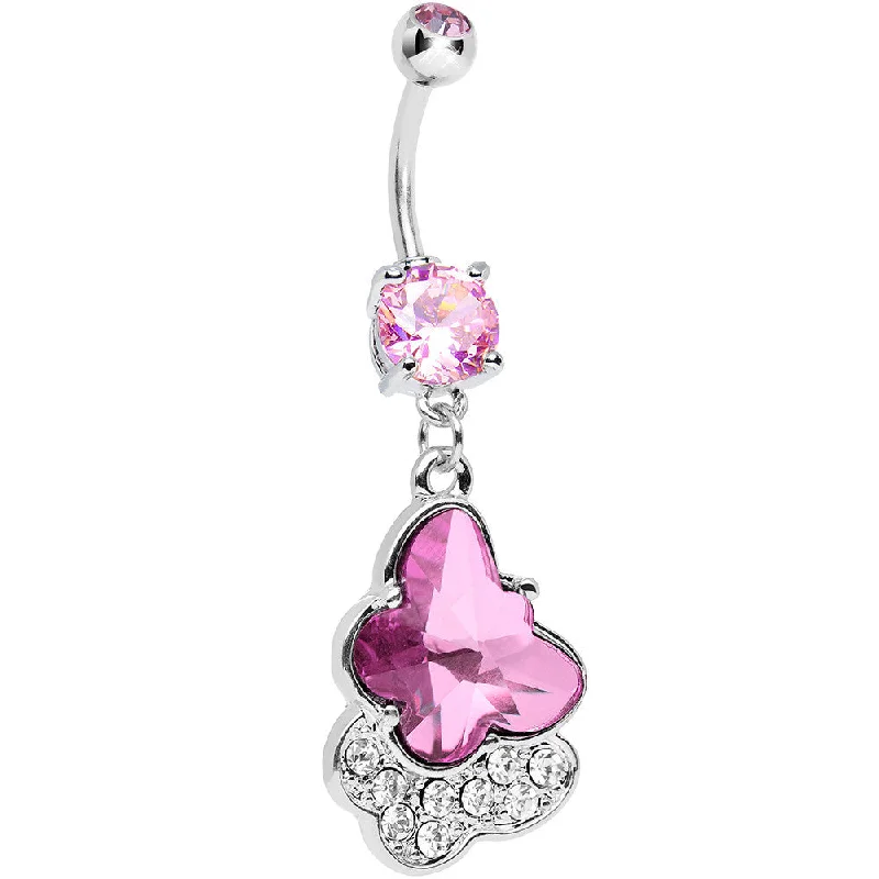 Fashionable Belly Rings for Exclusive Looks -Pink Cubic Zirconia Double Layered Butterfly Dangle Belly Ring