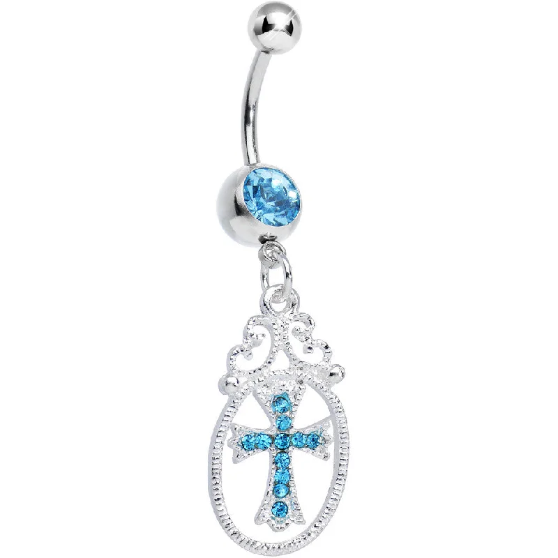 Beautiful Belly Rings for Every Occasion -Aqua Gem Oval Framed Elegant Cross Dangle Belly Ring