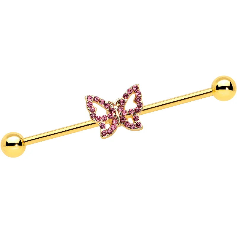 Women's Earrings – Elegant Designs for Every Personality--14 Gauge Pink Gem Gold Tone Simple Butterfly Industrial Barbell 38mm Women's Earrings – Elegant Designs for Every Personality--14 Gauge Pink Gem Gold Tone Simple Butterfly Industrial Barbell 38mm