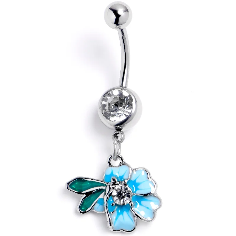 Trendy Belly Rings with Shiny Stones -Clear Gem Faerie Flower Blue Dangle Belly Ring