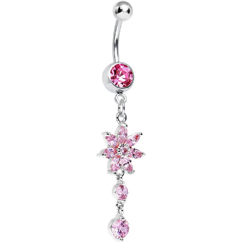 Cute Belly Rings for Summer Style -Pink and Clear CZ Spring Flower Dangle Belly Ring