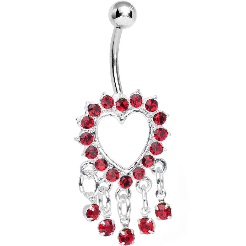 Minimalist Belly Rings for Subtle Beauty -Red Gem Super Sparkle Drops and Hollow Heart Dangle Belly Ring