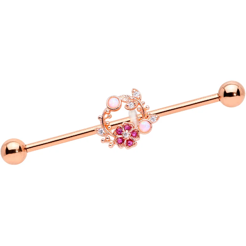 Women's Earrings – Elegant Designs for Every Personality--14 Gauge Rose Gold Tone Synth Opal Pink Flower Industrial Barbell 38mm