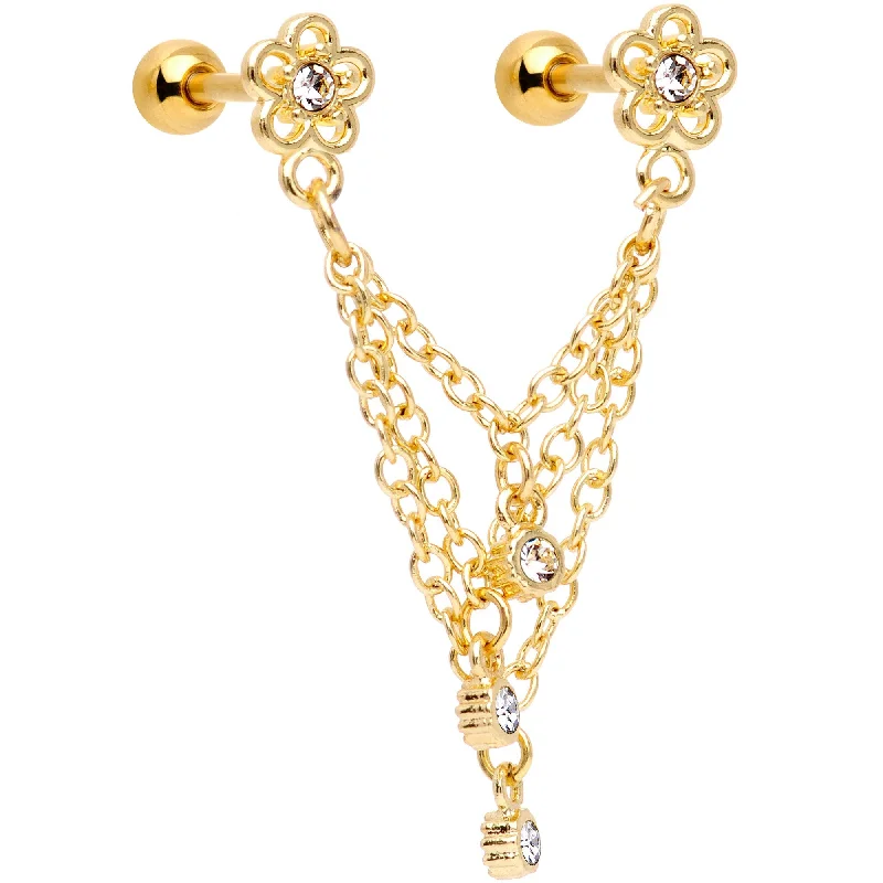 Women's Earrings – Elegant Designs for Every Personality--16 Gauge 1/4 Clear Gem Gold PVD Flower Cartilage Chain Earring