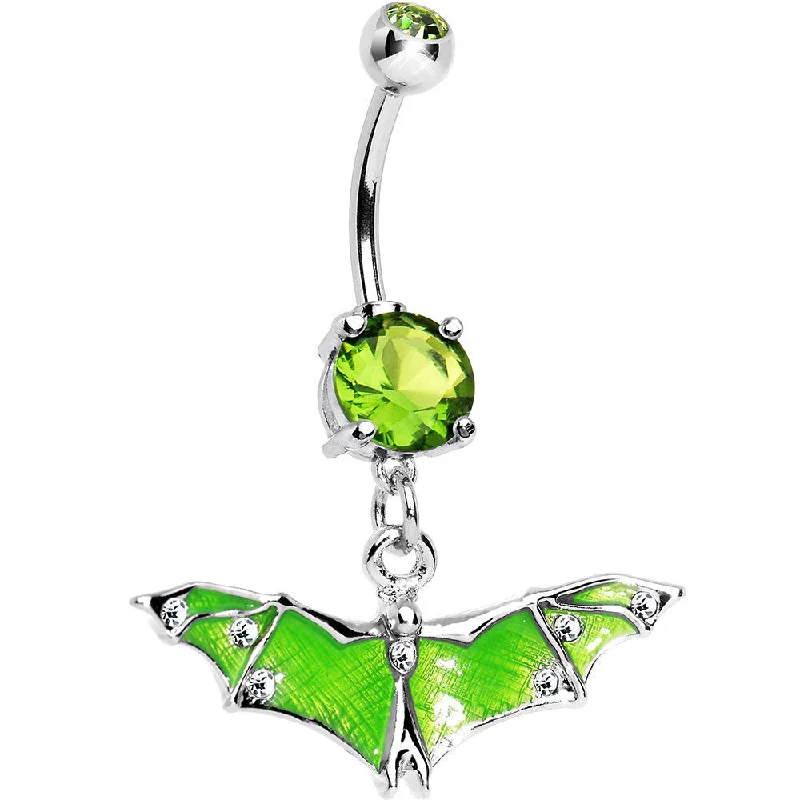 Comfortable Belly Rings for Trendy Looks -Green Gem Neon Flying Bat Dangle Belly Ring
