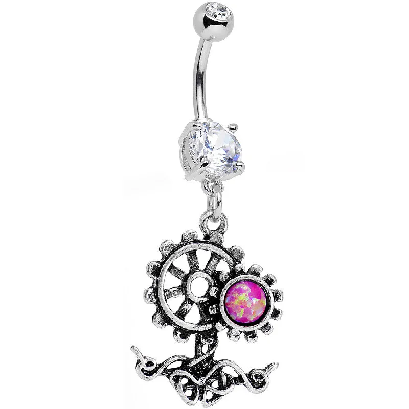 Beautiful Belly Rings for Statement Fashion -Clear Gem Faux Pink Opal Steampunk Twist Dangle Belly Ring