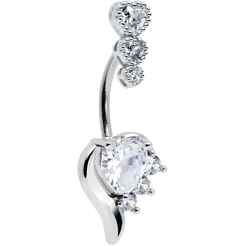 Designer Belly Rings with Timeless Appeal -Clear CZ Gem Triple Drop Flare Heart Valentine Double Mount Belly Ring