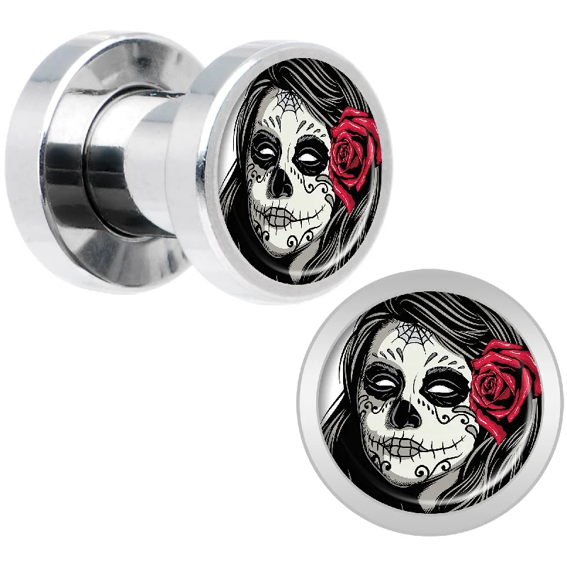 Women's Earrings – Elegant Designs for Every Personality--Katrina Sugar Skull with Rose Flower Steel Screw Fit Plug Set 4 Gauge
