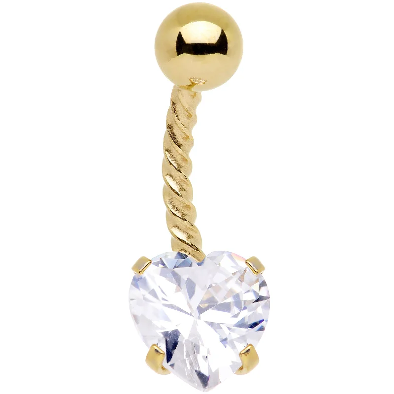 Minimalist Belly Rings for Subtle Beauty -Clear CZ Gem Gold IP Valentine Heart Seriously Twisted Belly Ring