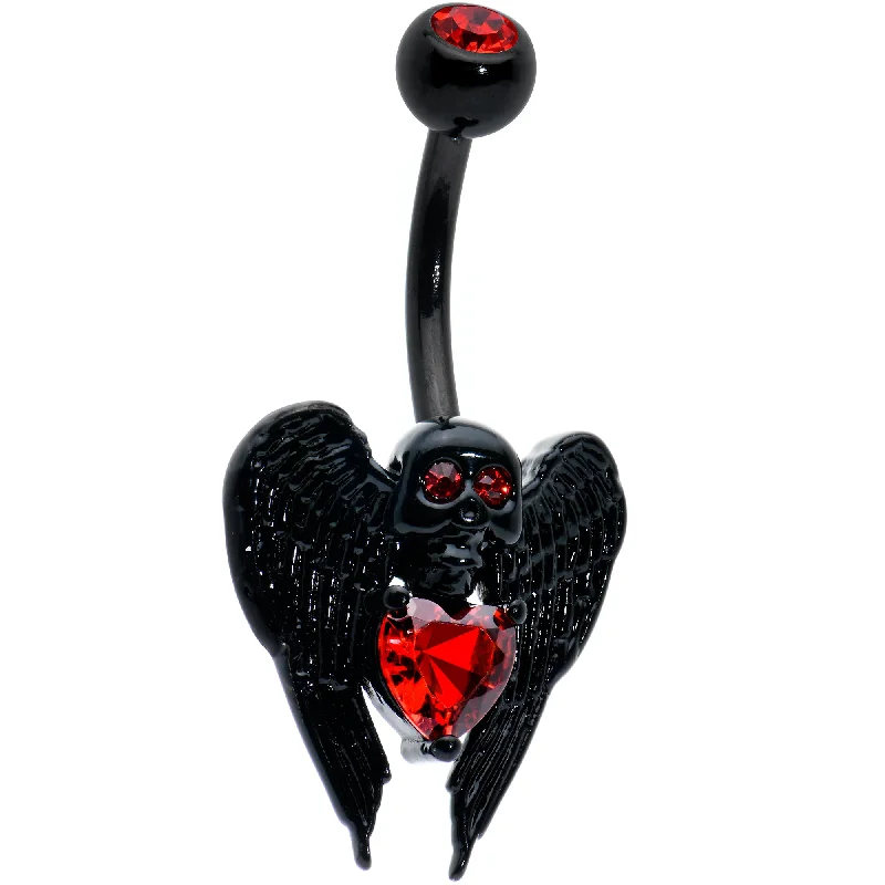 Trendy Belly Rings for Chic Look -Red CZ Gem Black Heart Winged Skull Gothic Belly Ring