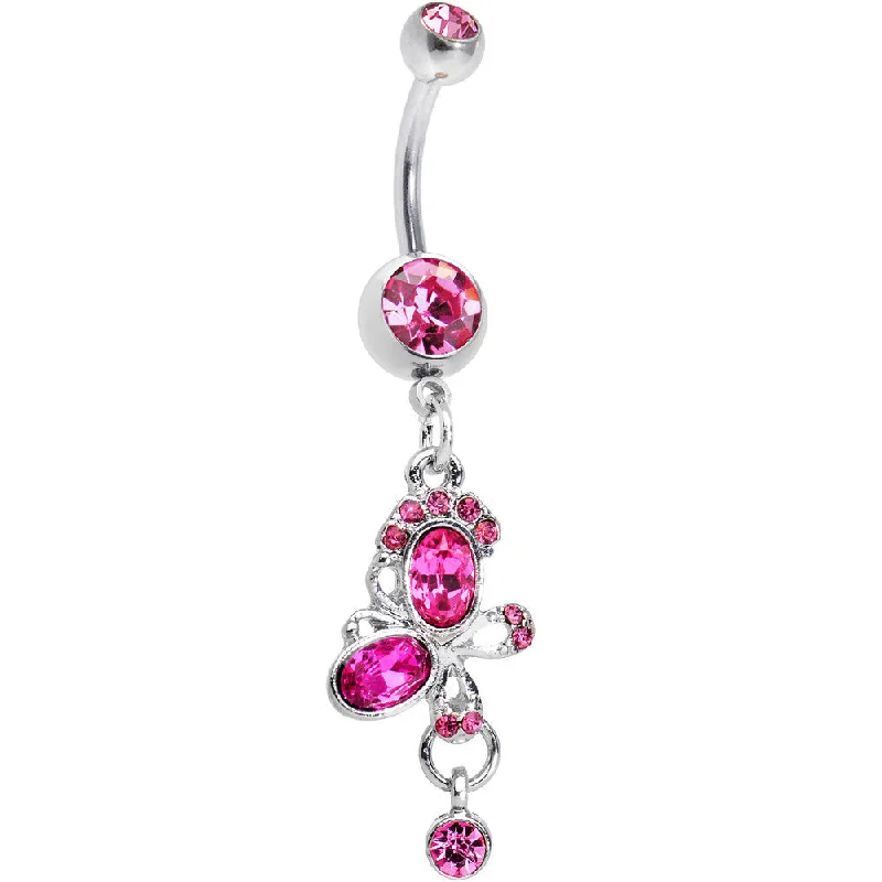 Trendy Belly Rings for Fashion-Forward Women -Hot Pink Gem Intertwining Bow Dangle Belly Ring