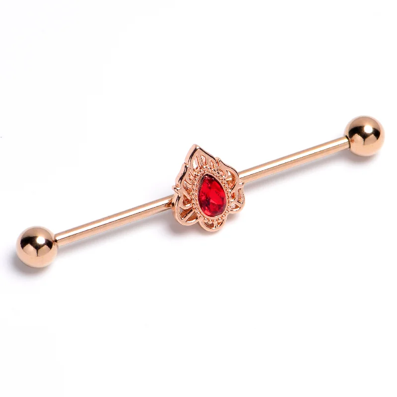 Women's Earrings – Elegant Designs for Every Personality--14 Gauge Red Gem Rose Gold Tone Firey Flame Industrial Barbell 38mm