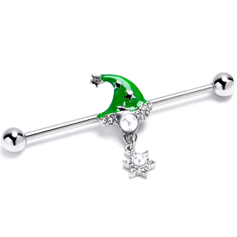Women's Earrings – Elegant Designs for Every Personality--14 Gauge Clear Gem Santa Hat Stars Green Dangle Industrial Barbell 38mm