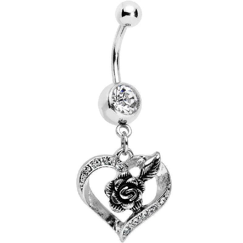 Stunning Belly Rings with Timeless Shine -Clear Gem Tattoo Rose Flower in a Hollow Heart Dangle Belly Ring
