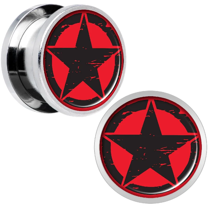 Women's Earrings – Elegant Designs for Every Personality--Black Red Distressed Star Steel Screw Fit Plug Set 9/16